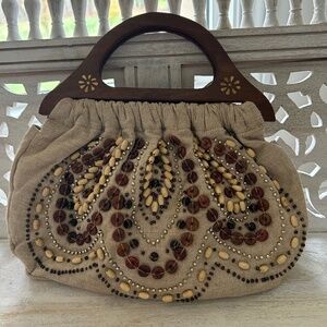 NWT BAKERS Jayden Beaded Linen Handbag Purse Wood Handles Brown Tan Metallic New